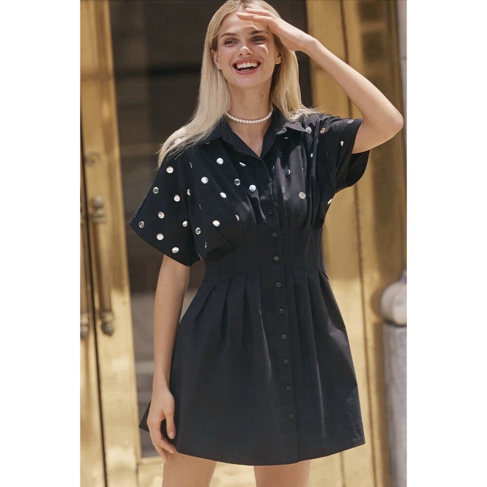 Exquise Anthropologie Mini Shirt Dress Tobie Studded Black Preppy Vacay XXS NWT